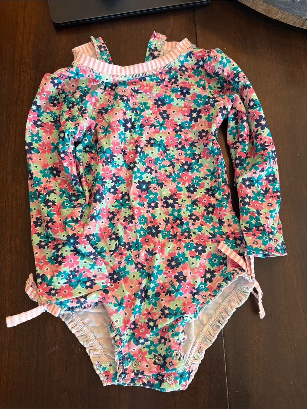 Ruffle Butts Pink & Teal Floral Long-Sleeve One-Piece Swimsuit